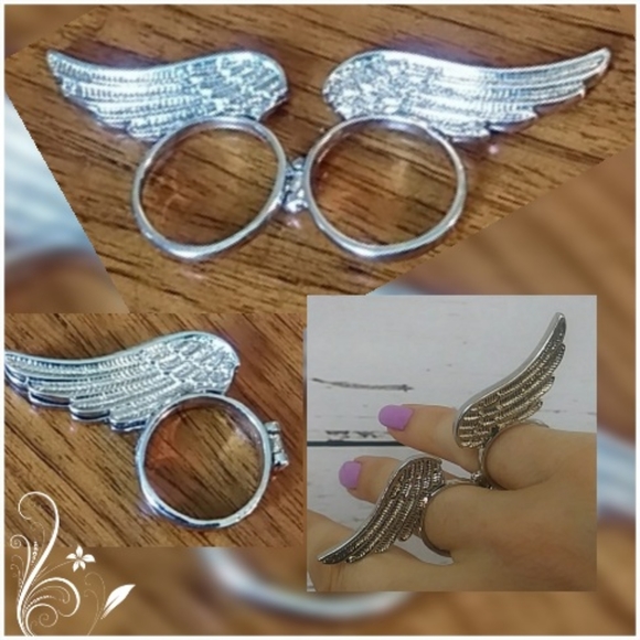 Silver Tone Double Finger Angel Wings Ring - Picture 5 of 8